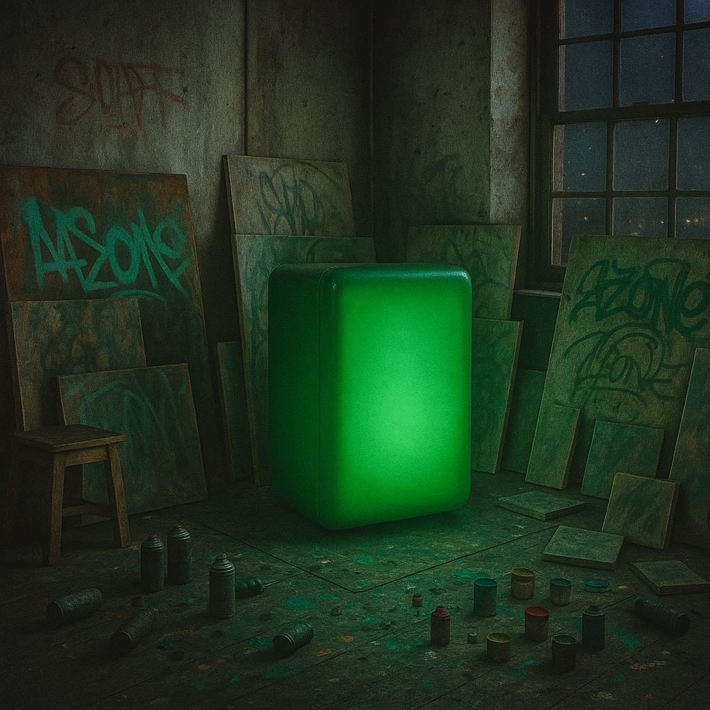 glowing green art fridge with graffiti