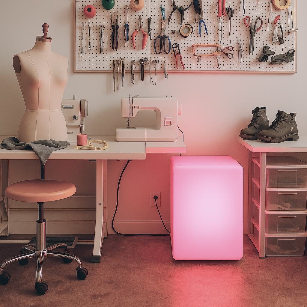 glowing pink art fridge in a studio