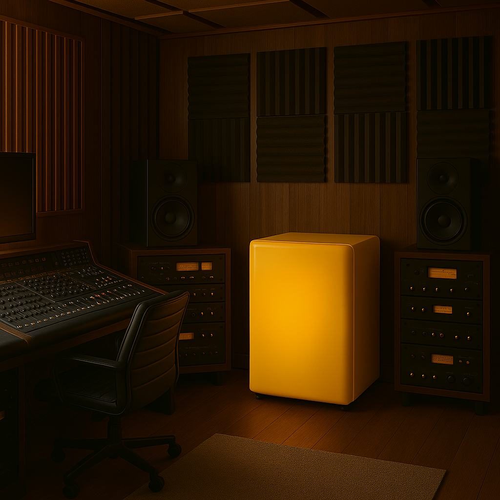glowing yellow art fridge in a sound studio
