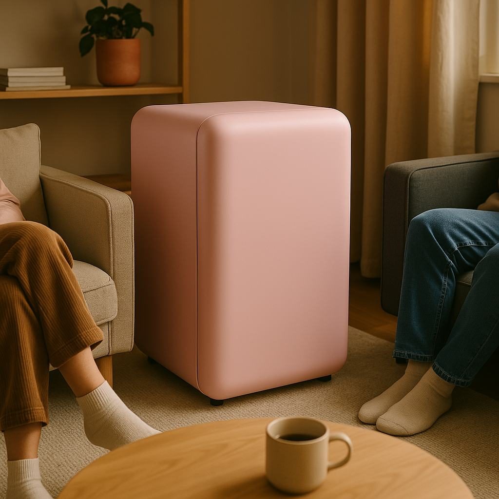 blush pink jude fridge in a living room