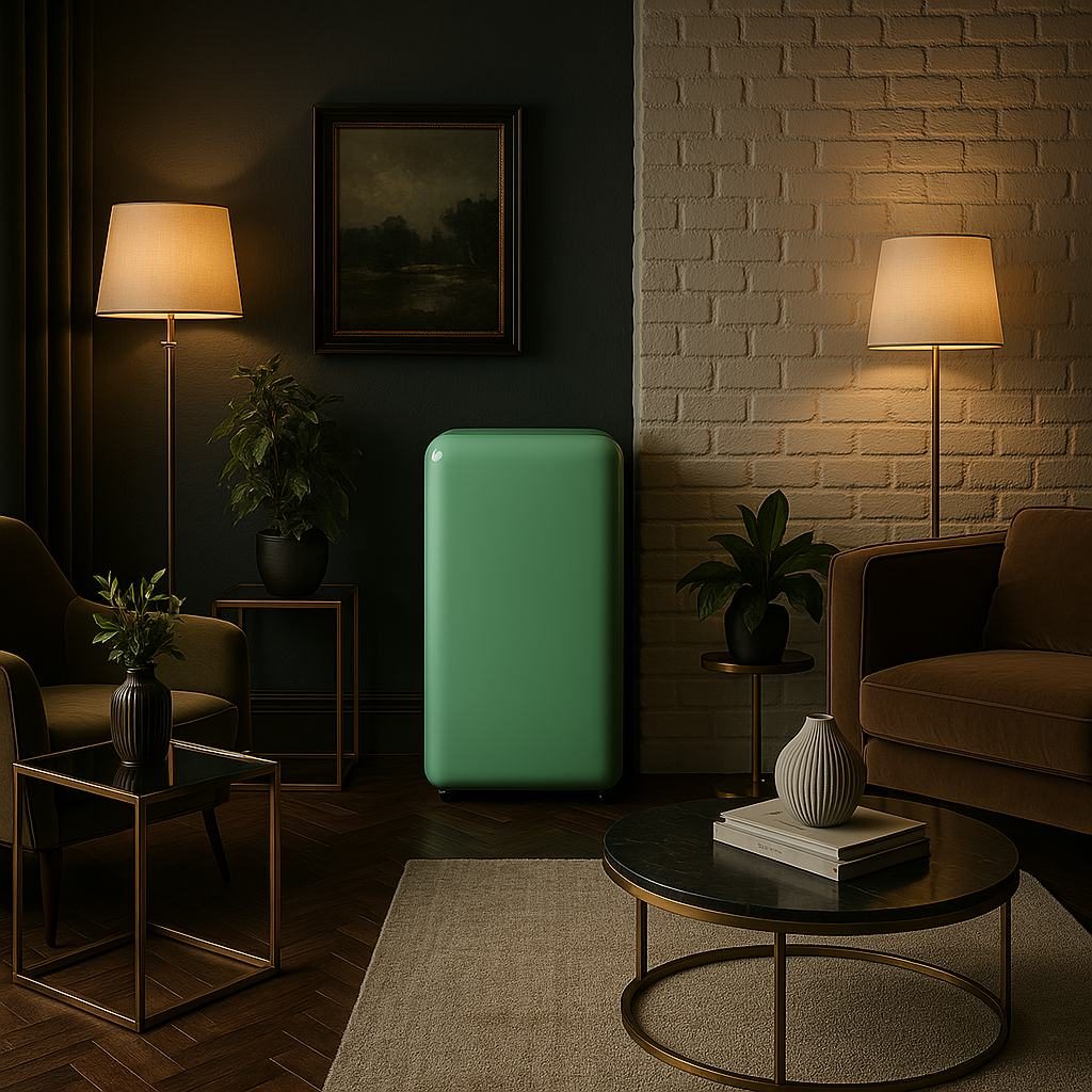 green jude fridge in a moody den