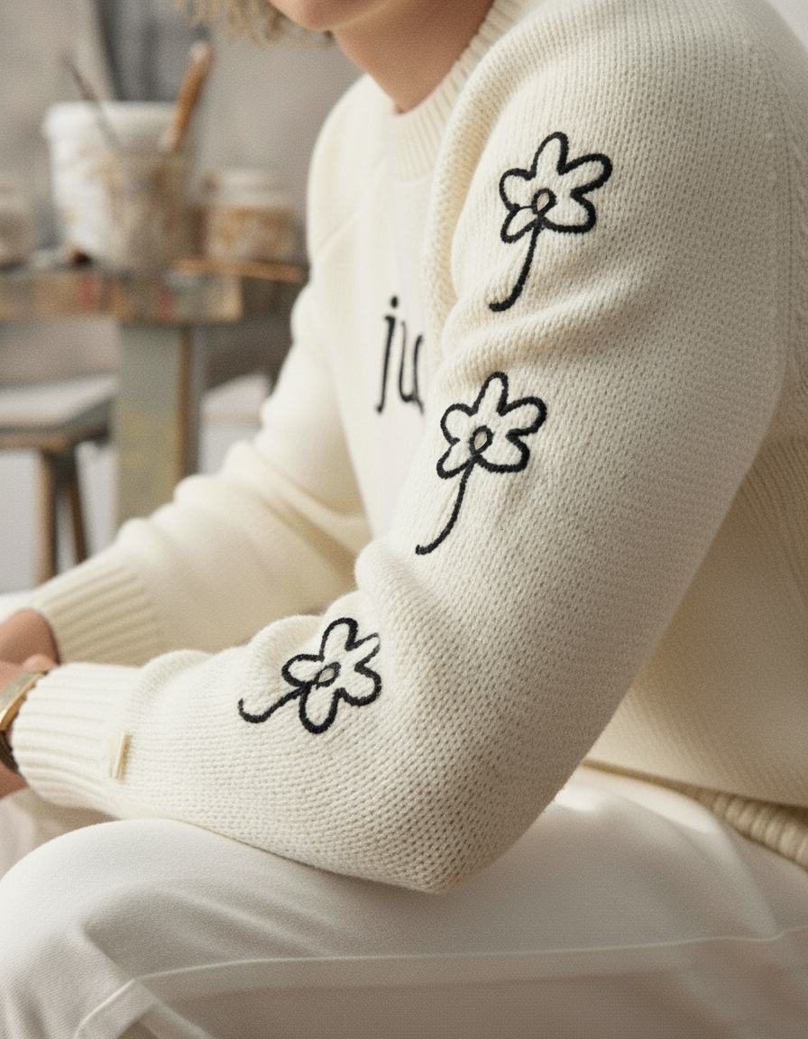 cream knit sweater with embroidered jude flower