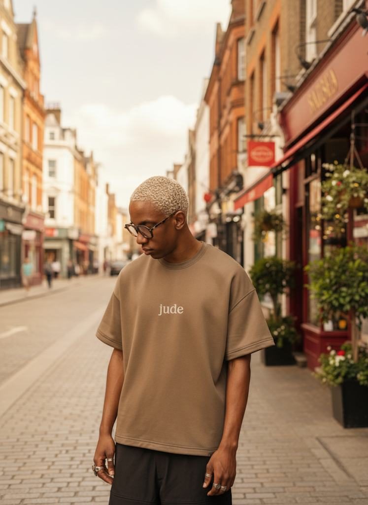 tan tee with jude flower on the street