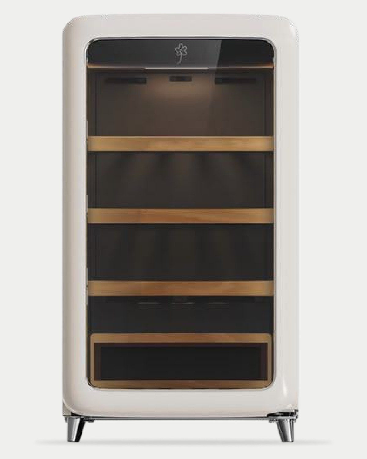 jude wine cooler — glass door with warm wood shelving